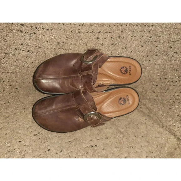 CROCS-Cobbler Buckle Clog Mules Brown Leather 15513-Sz 9-Excellent - Picture 6 of 7